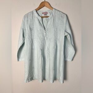 Saint Tropez West Baby Blue Linen Tunic Top Floral Embroidery Size Medium Resort
